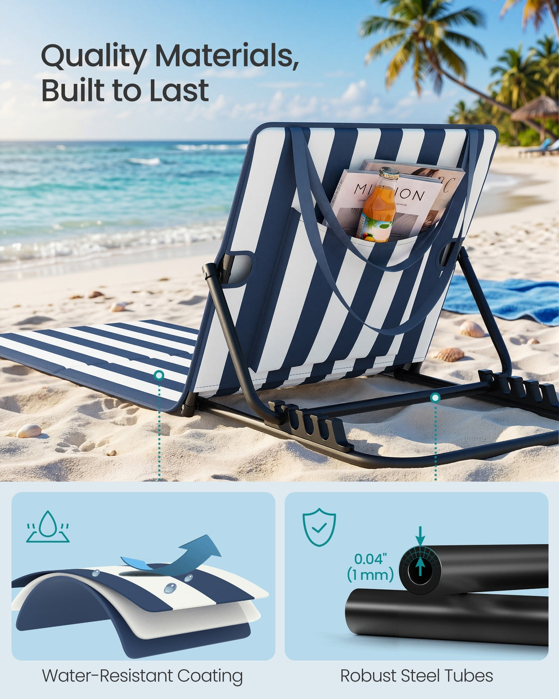 Set of 2 Folding Beach Sunloungers - Steel Tube and Oxford Fabric - Midnight Blue and Cloud White