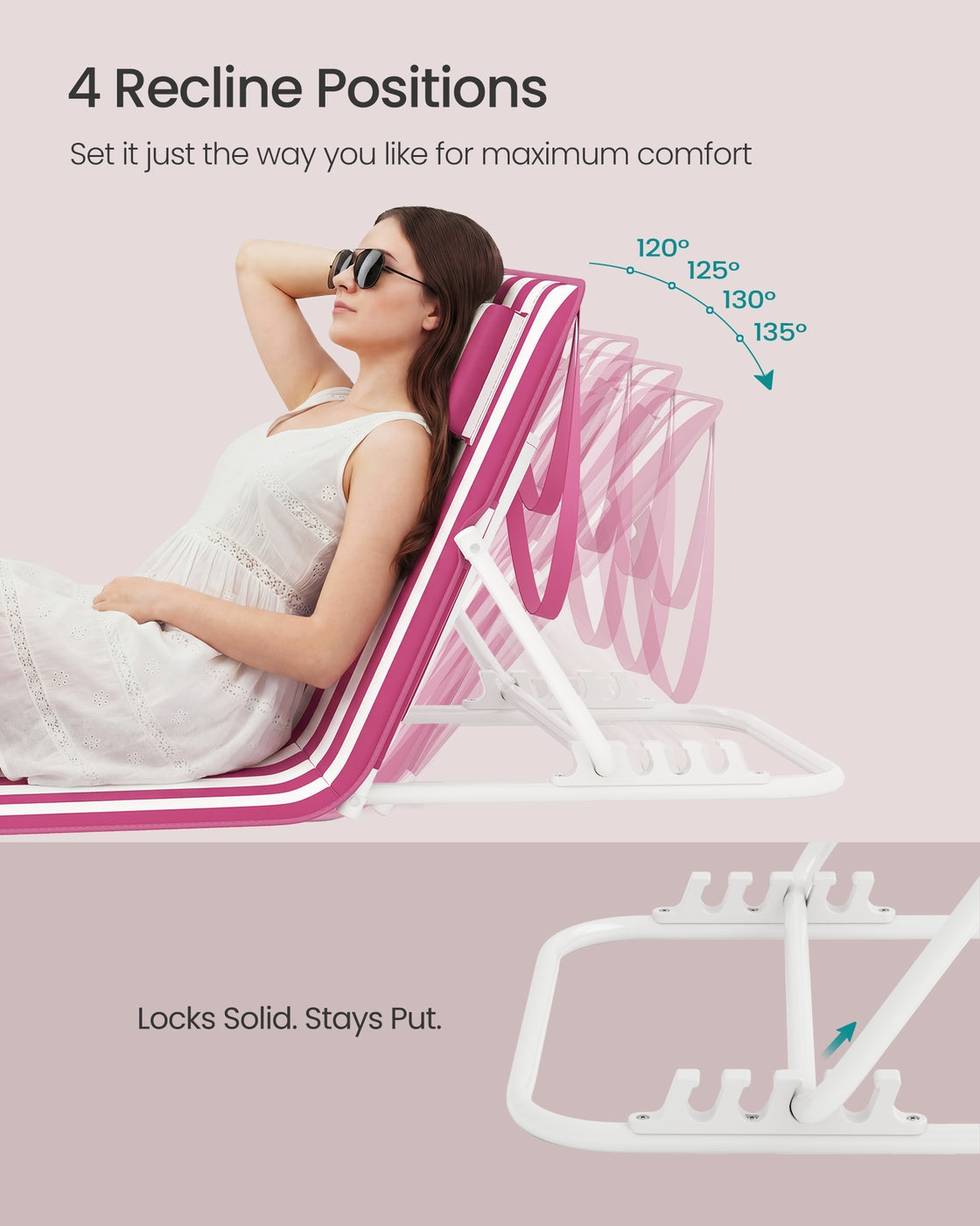Set of 2 Folding Beach Sunloungers - Steel Tube and Oxford Fabric - Strawberry Red and Cloud White