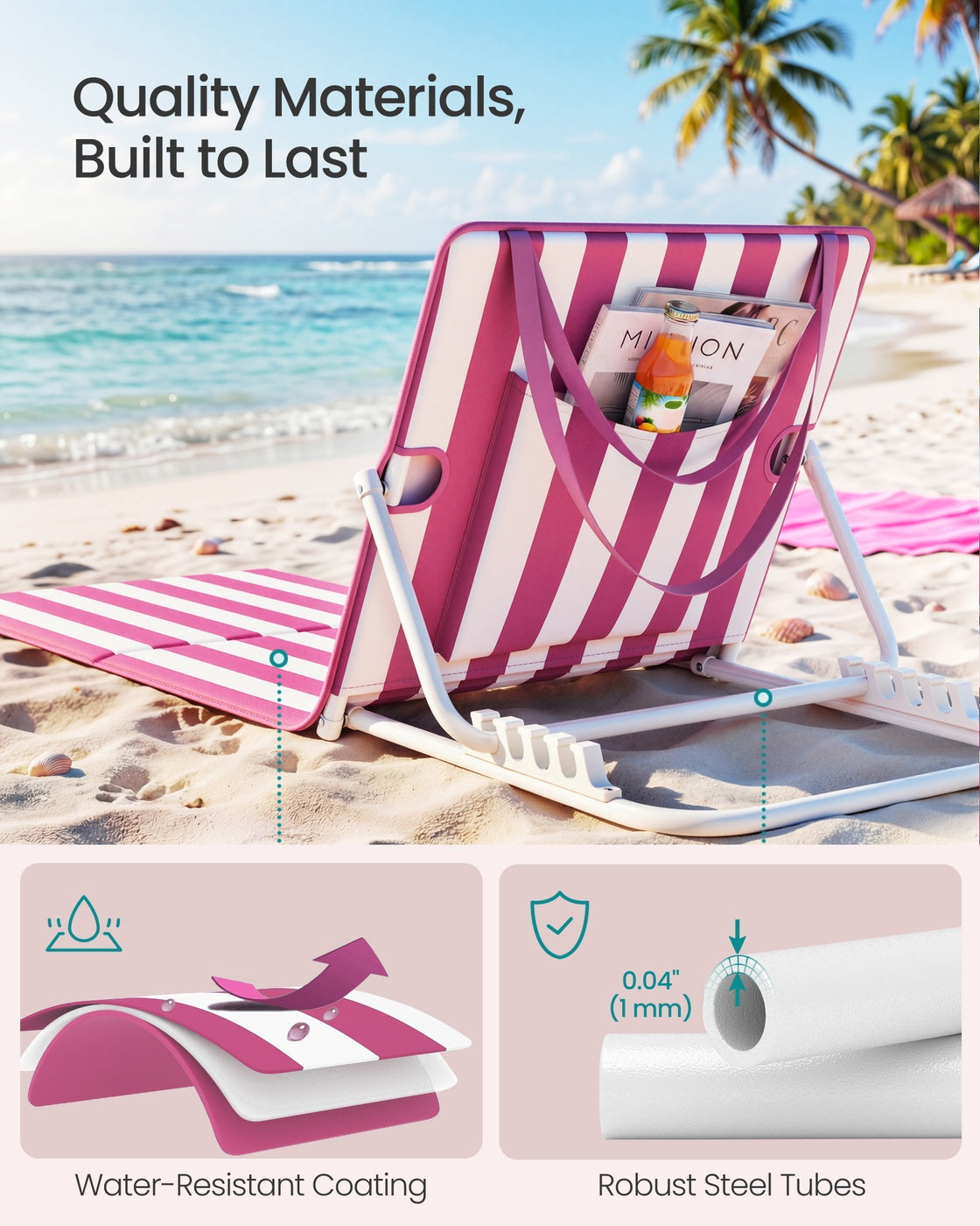 Set of 2 Folding Beach Sunloungers - Steel Tube and Oxford Fabric - Strawberry Red and Cloud White