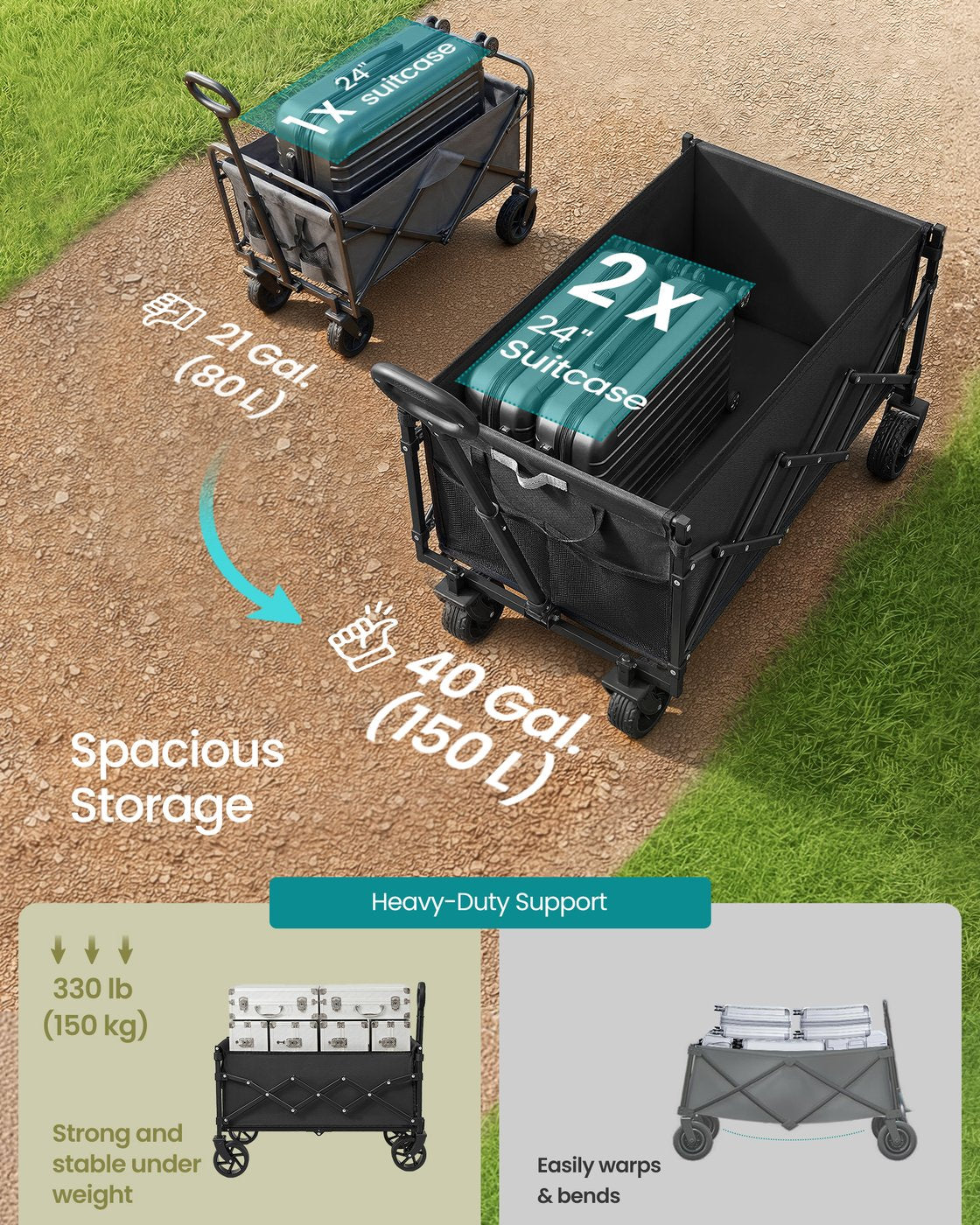 Foldable Camping Cart - Steel - Ink Black - with Adjustable Handle