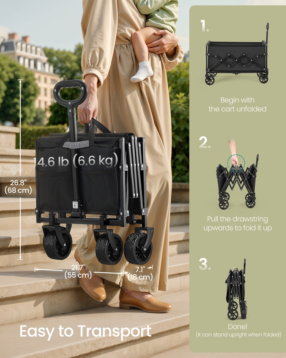 Foldable Camping Cart - Steel - Ink Black - with Adjustable Handle