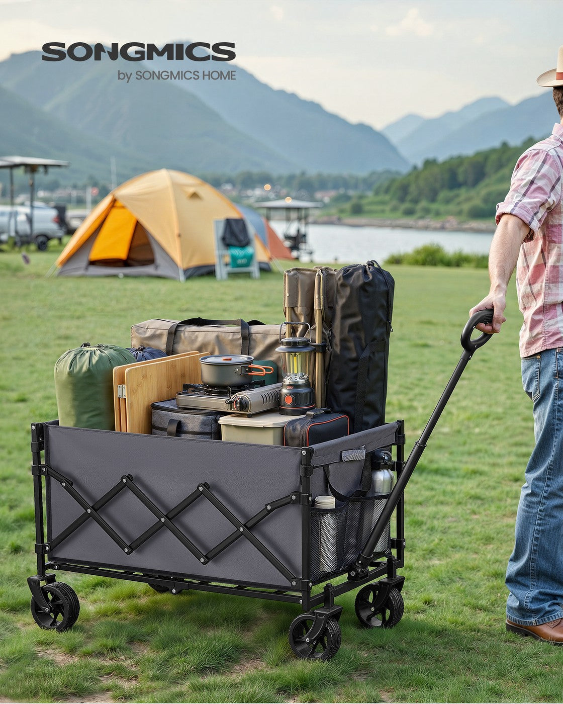 Foldable Camping Cart - Steel - Dove Grey - with Adjustable Handle