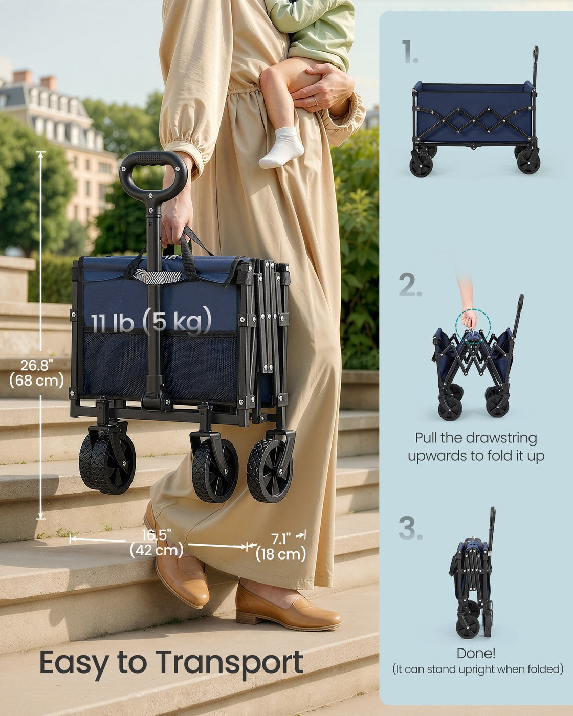 Foldable Camping Cart - Steel - Midnight Blue - with Adjustable Handle