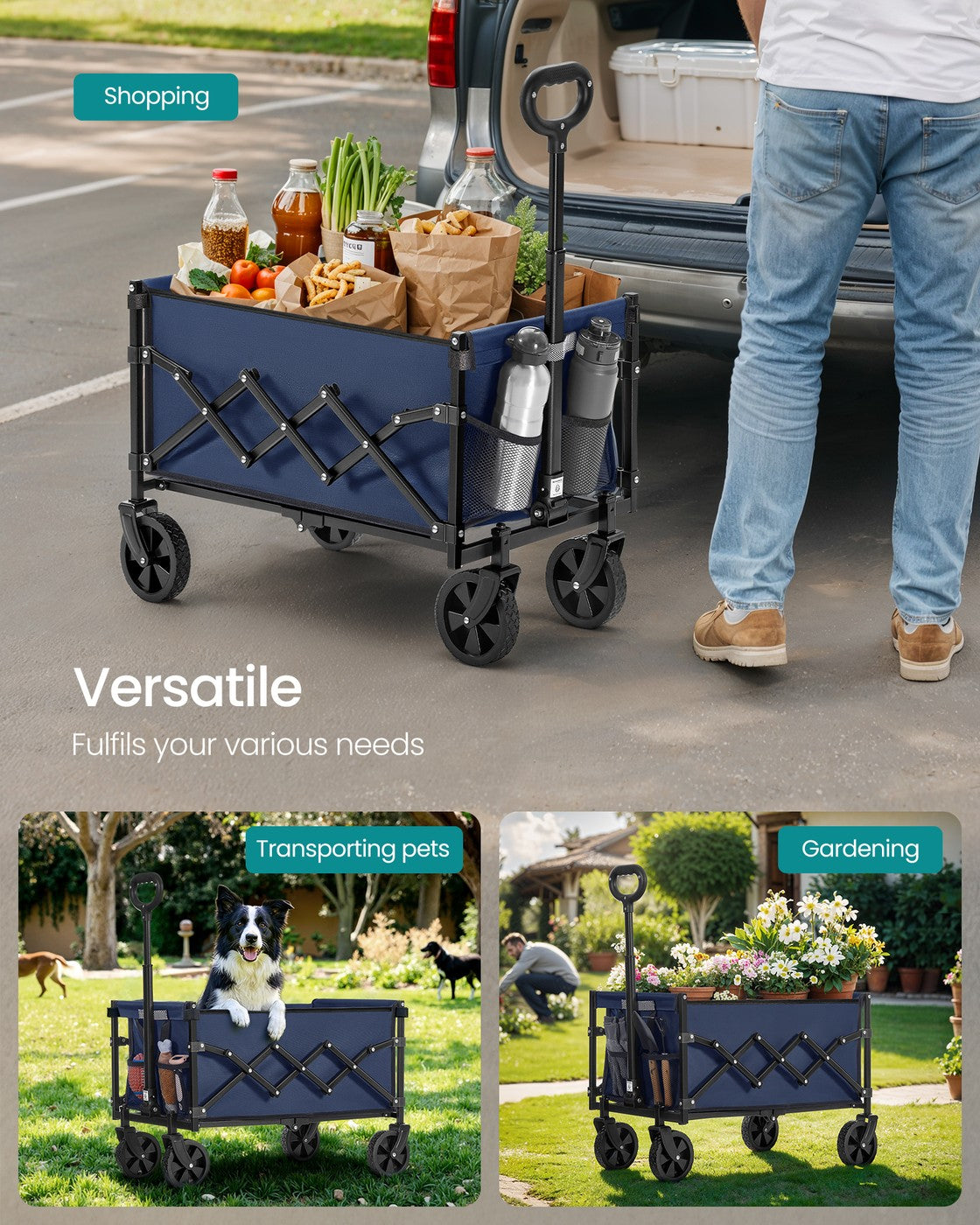 Foldable Camping Cart - Steel - Midnight Blue - with Adjustable Handle