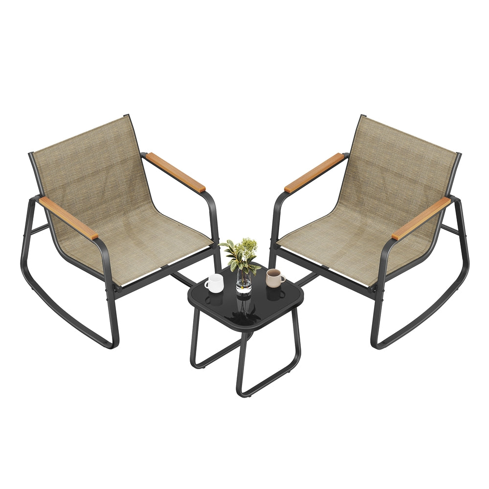 Set of Garden Rocking Chair - Synthetic Fabric and Steel - Light Brown