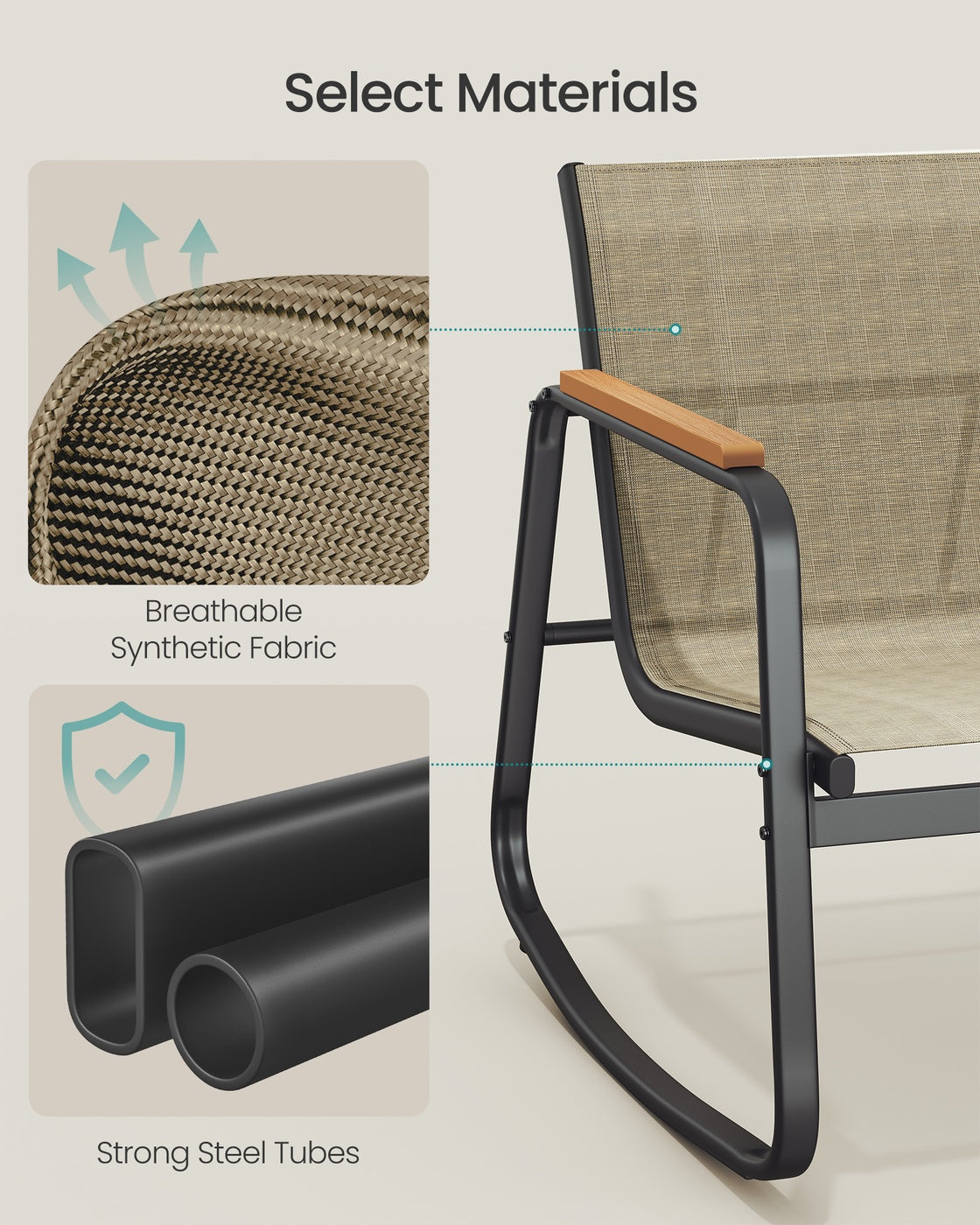 Set of Garden Rocking Chair - Synthetic Fabric and Steel - Light Brown