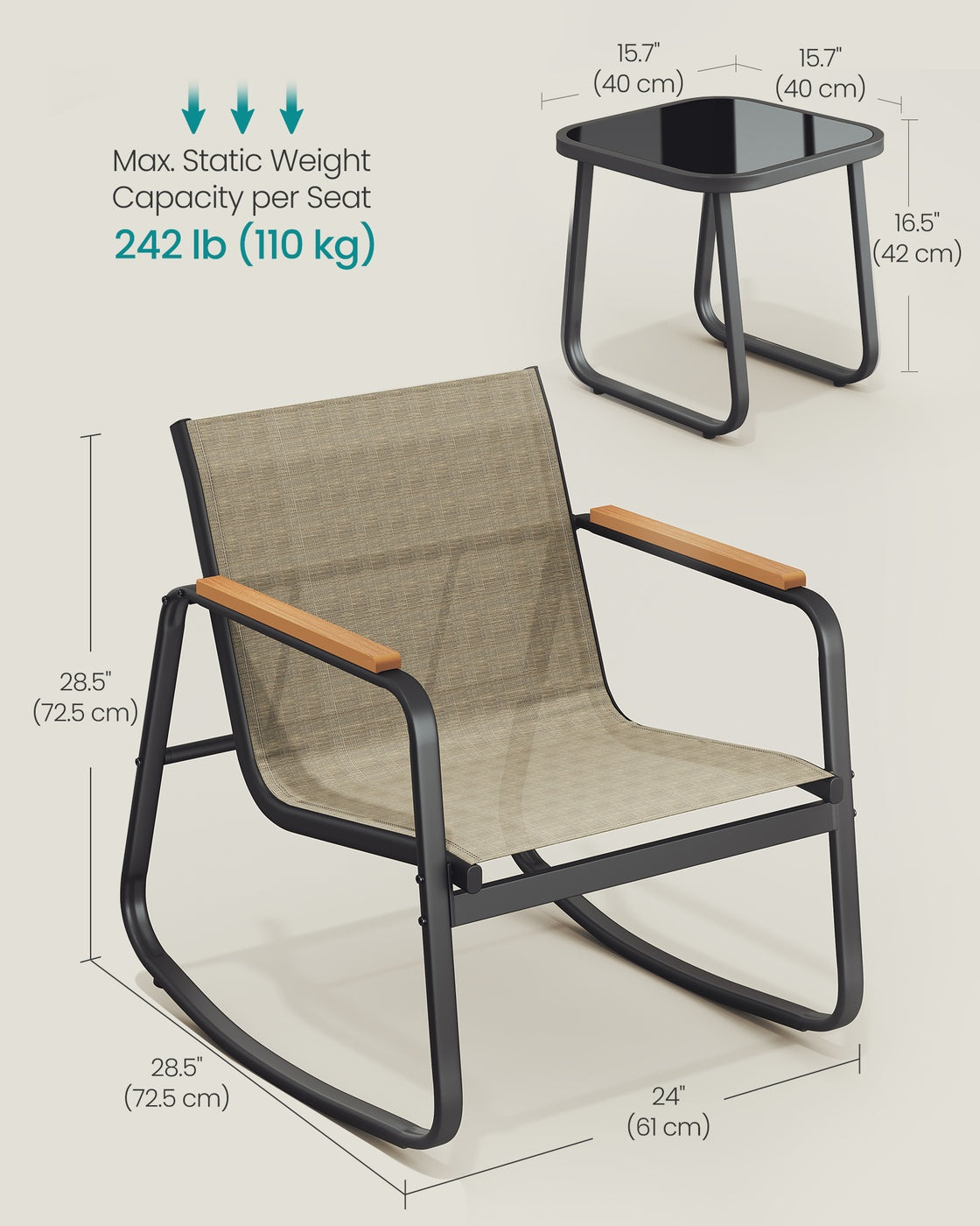 Set of Garden Rocking Chair - Synthetic Fabric and Steel - Light Brown