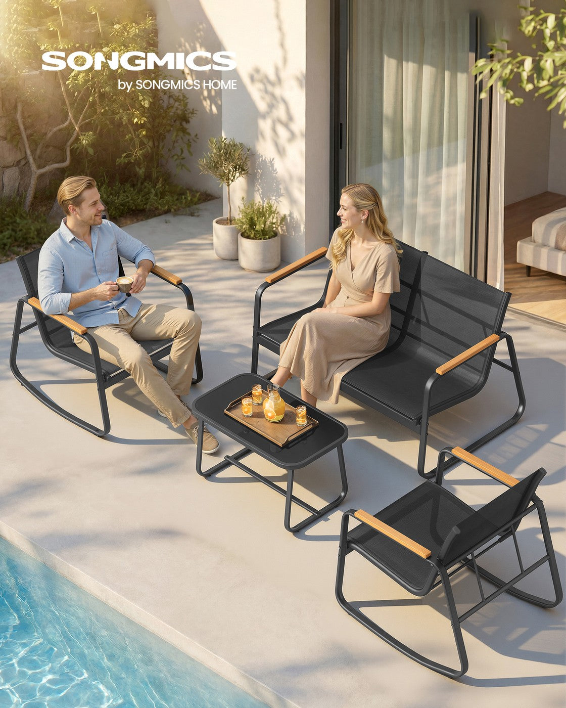 Set of Garden Rocking Chair - Synthetic Fabric and Steel - Ink Black