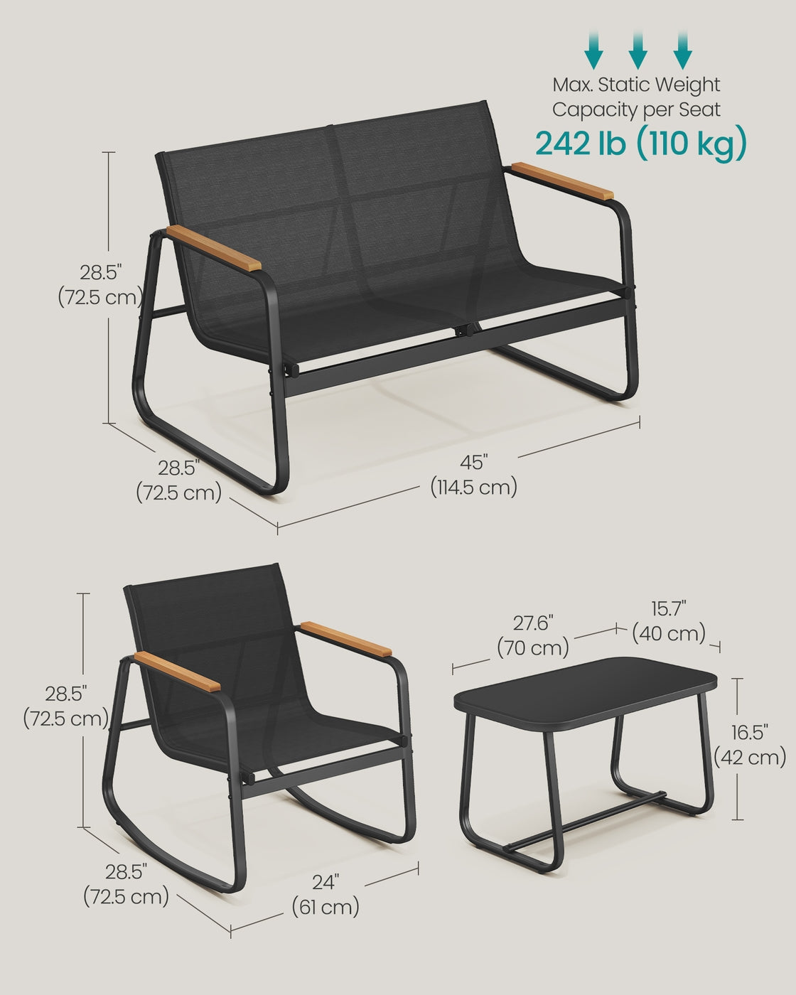 Set of Garden Rocking Chair - Synthetic Fabric and Steel - Ink Black