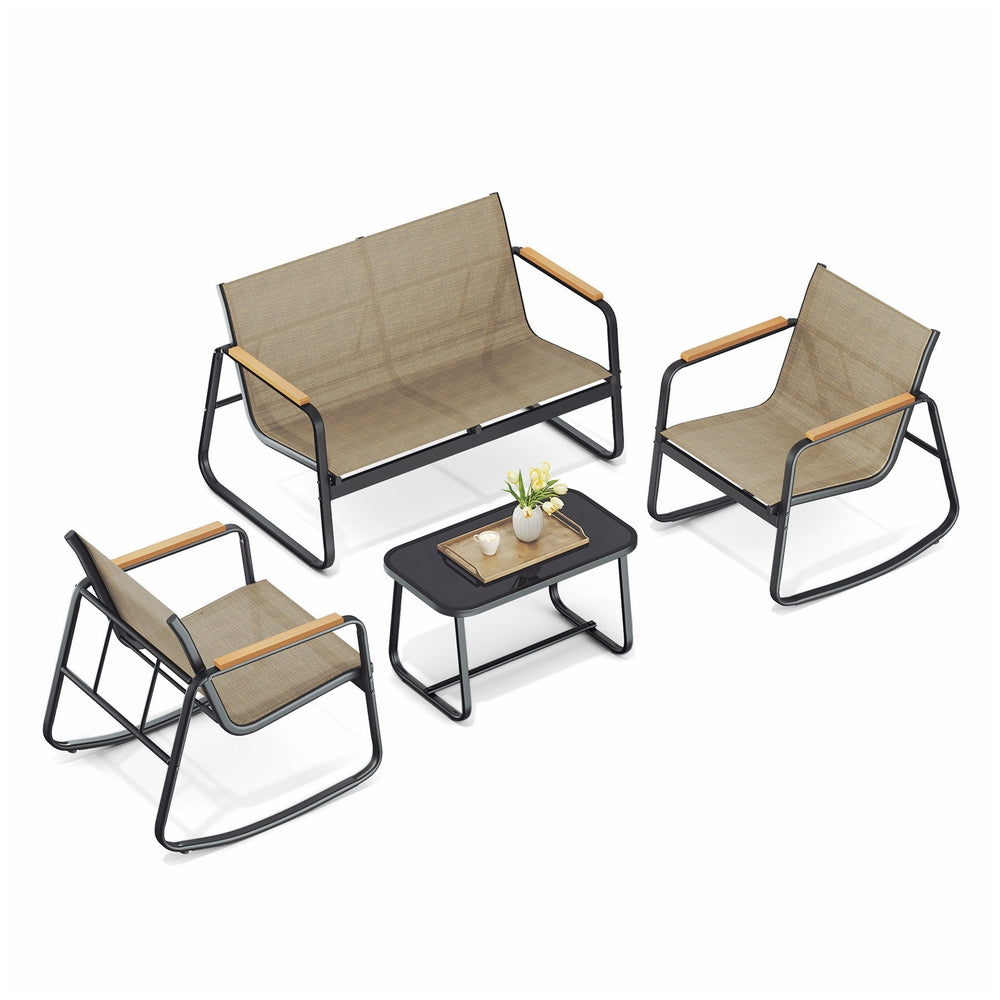 Set of Garden Rocking Chair - Synthetic Fabric and Steel - Light Brown