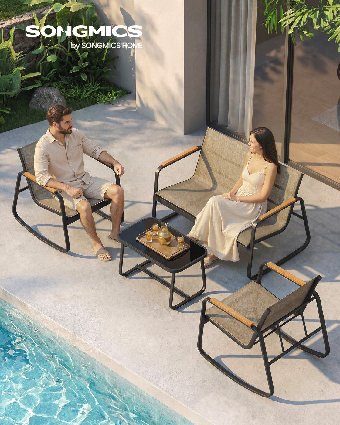 Set of Garden Rocking Chair - Synthetic Fabric and Steel - Light Brown