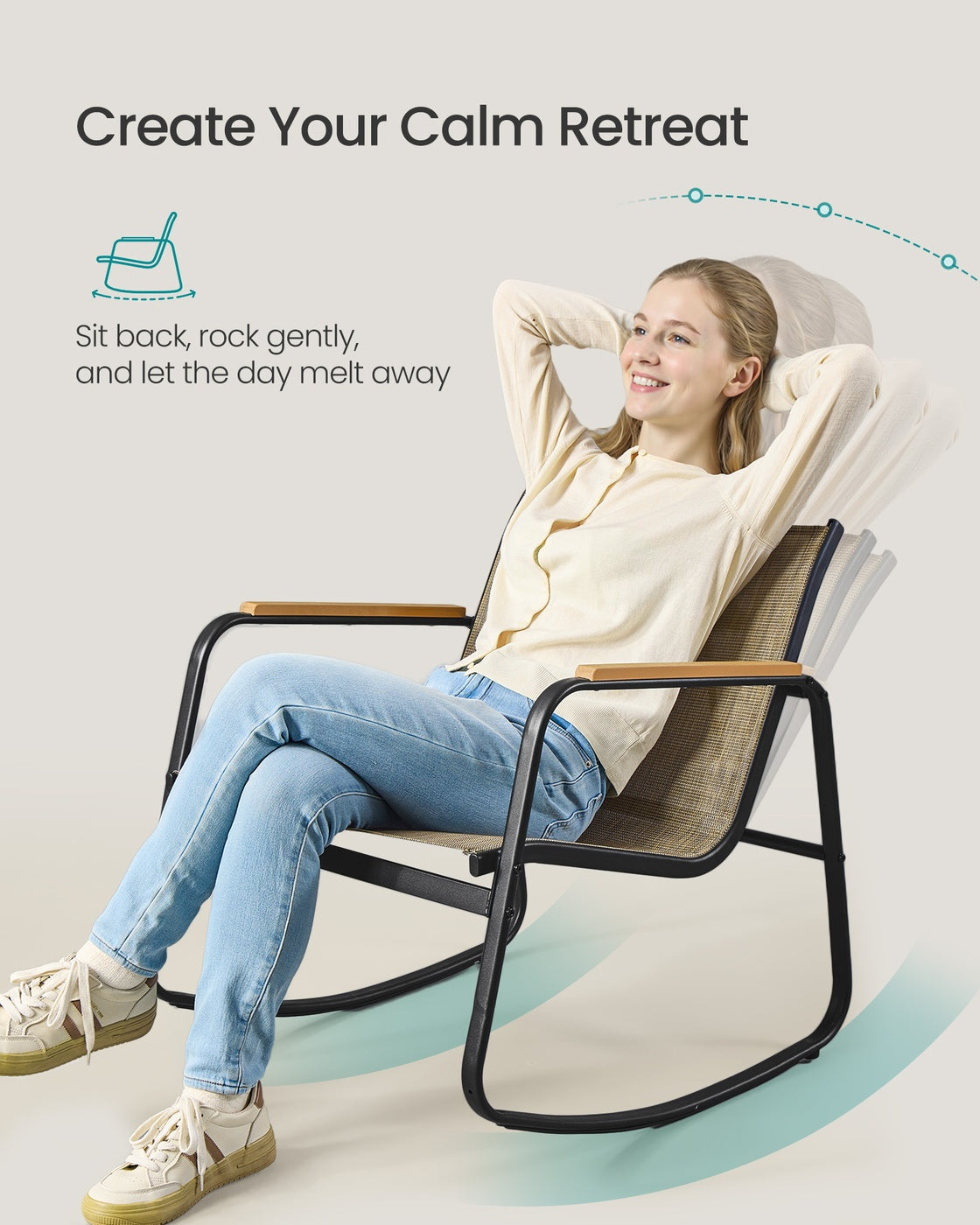 Set of Garden Rocking Chair - Synthetic Fabric and Steel - Light Brown
