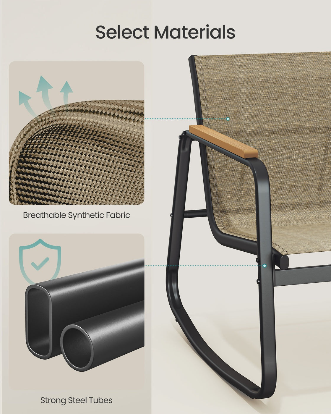 Set of Garden Rocking Chair - Synthetic Fabric and Steel - Light Brown