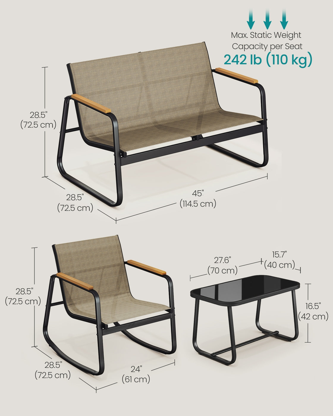 Set of Garden Rocking Chair - Synthetic Fabric and Steel - Light Brown
