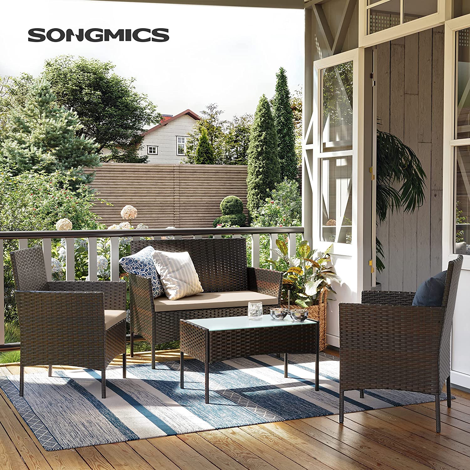 Outdoor Furniture Set - Black and Beige - Polyrattan