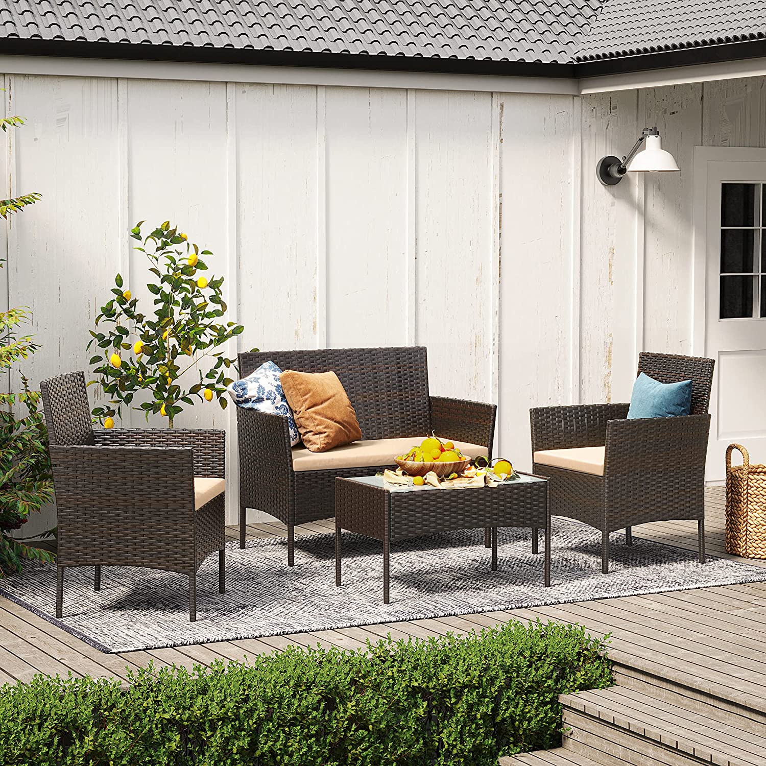 Outdoor Furniture Set - Black and Beige - Polyrattan