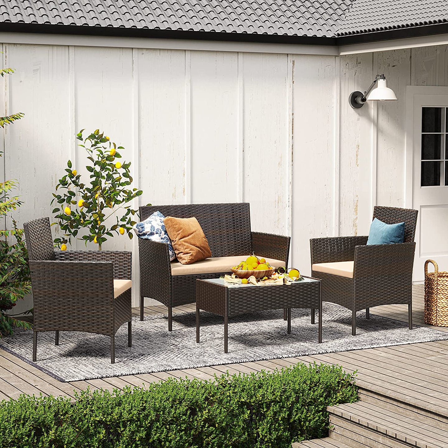 Outdoor Furniture Set - Black and Beige - Polyrattan
