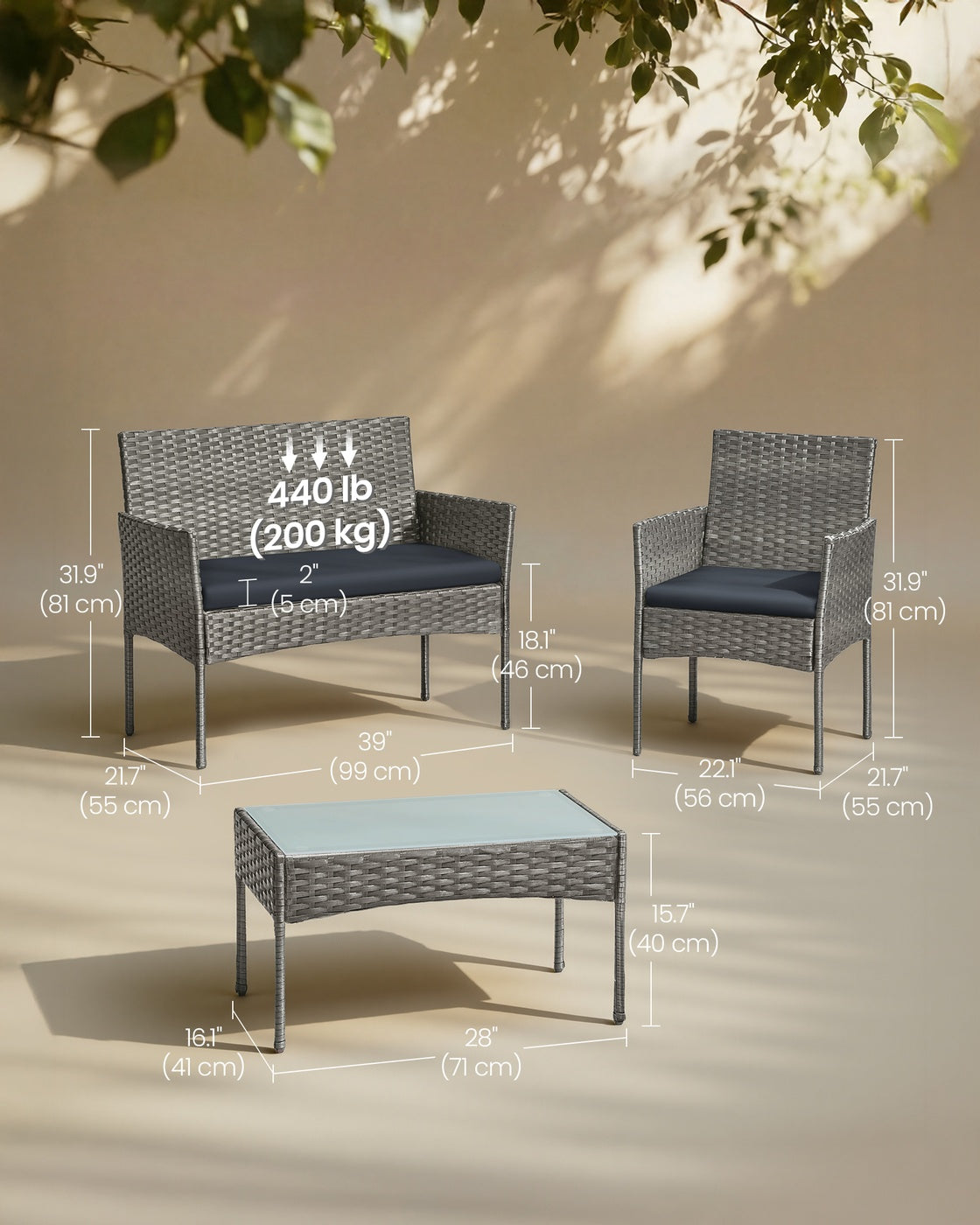 Garden Furniture Set - Galvanized Iron Frame and Polyrattan PE - Grey