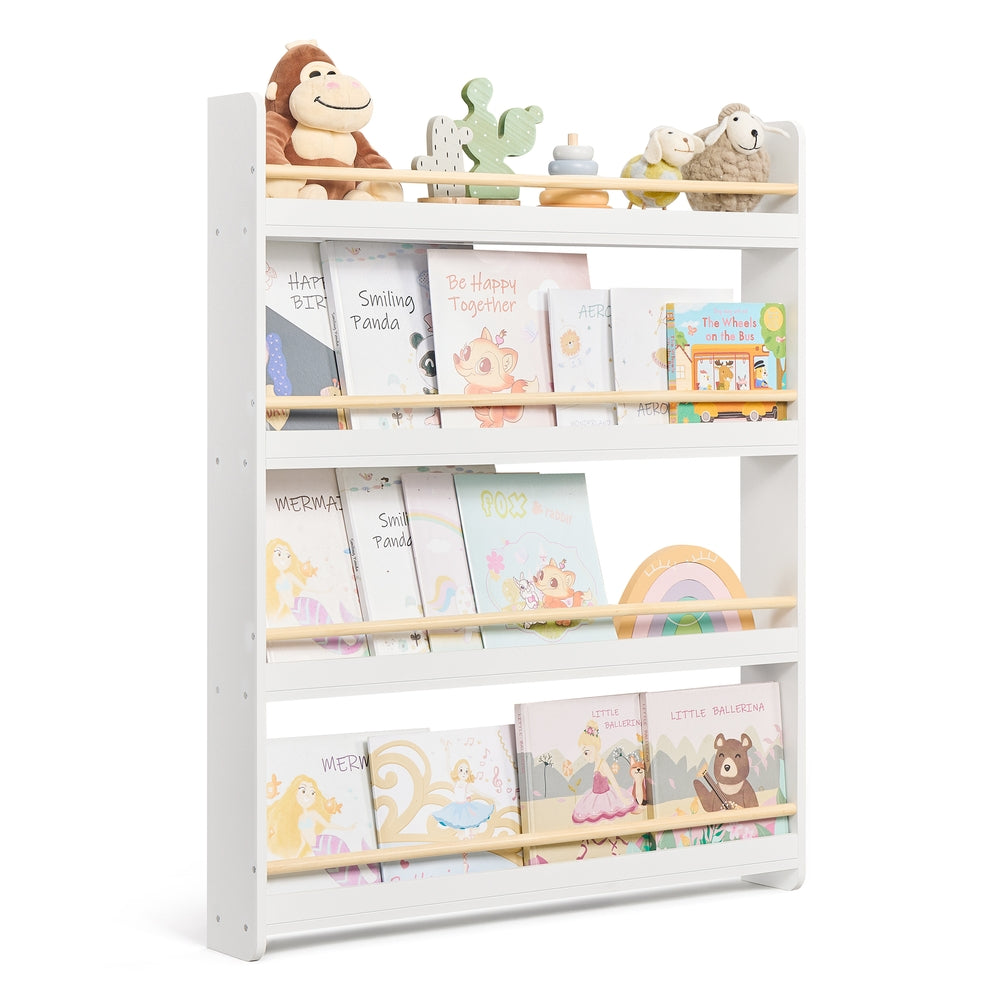 Kids Bookshelf Wall Shelf 4-Tier Playroom White and - Natural