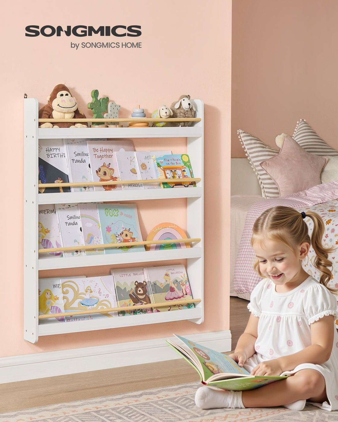 Kids Bookshelf Wall Shelf 4-Tier Playroom White and - Natural