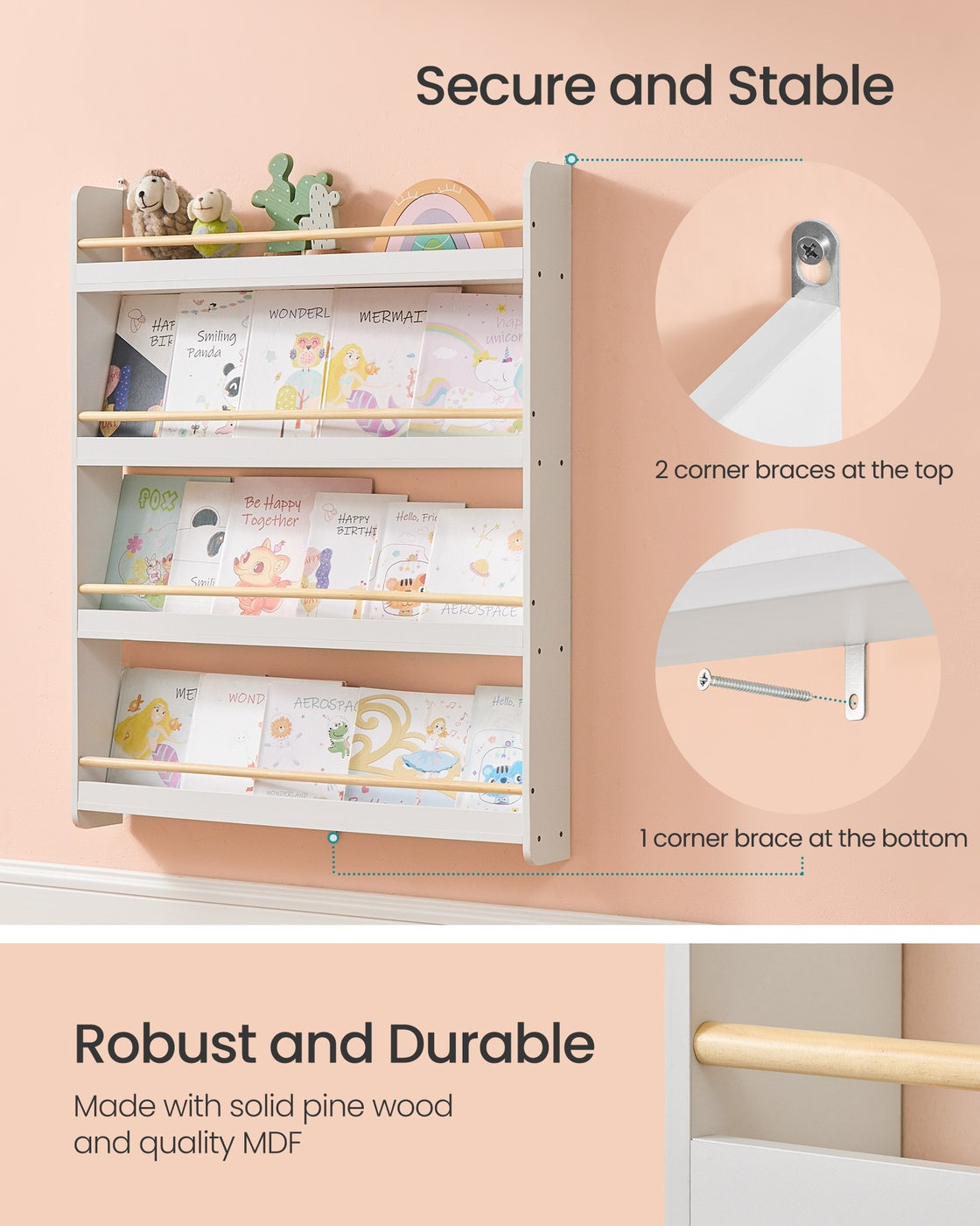 Kids Bookshelf Wall Shelf 4-Tier Playroom White and - Natural
