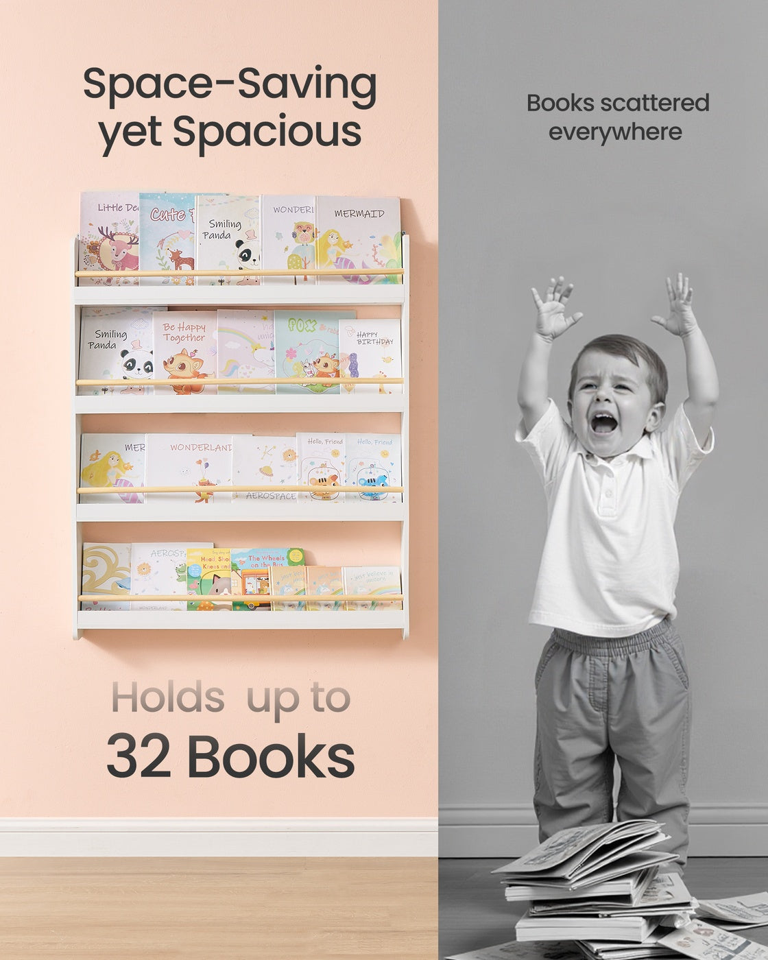 Kids Bookshelf Wall Shelf 4-Tier Playroom White and - Natural