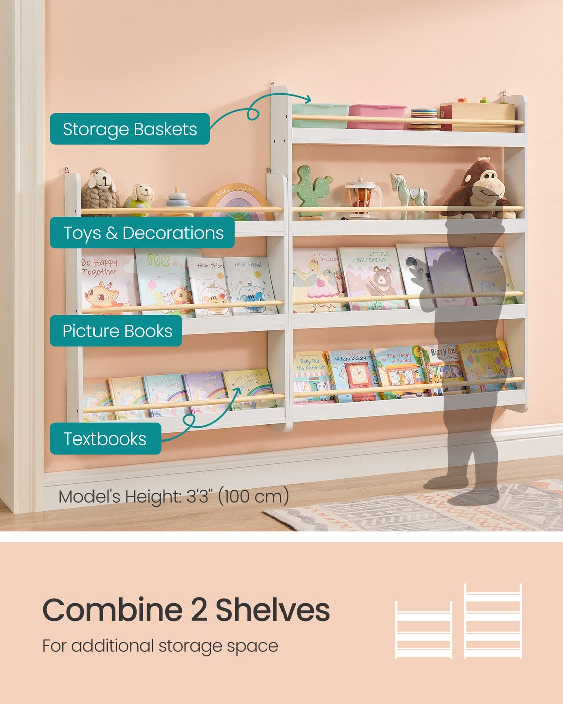 Kids Bookshelf Wall Shelf 4-Tier Playroom White and - Natural