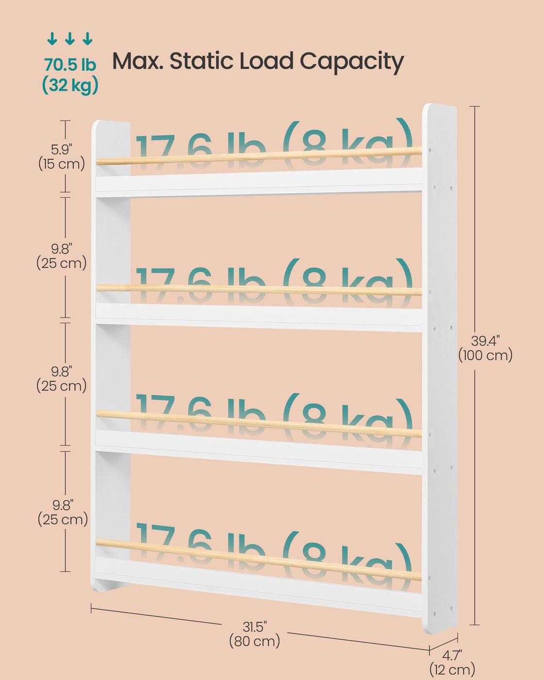 Kids Bookshelf Wall Shelf 4-Tier Playroom White and - Natural