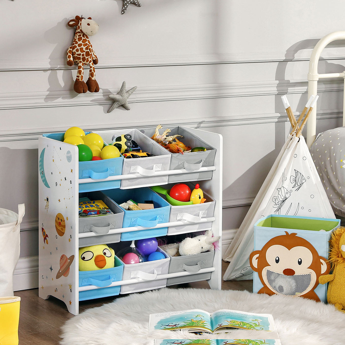 Toy Storage Shelf - Wood - White - Includes 9 Removable Non-Woven Fabric Boxes