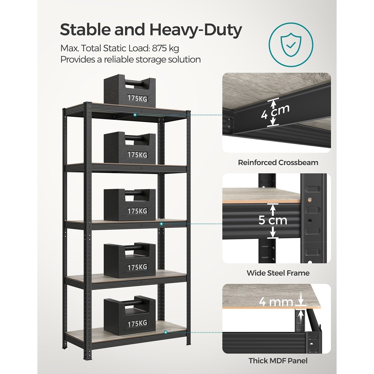 5-Tier Shelving Unit - Max Load 875 kg - Reinforced Steel - Silver - Adjustable Shelves
