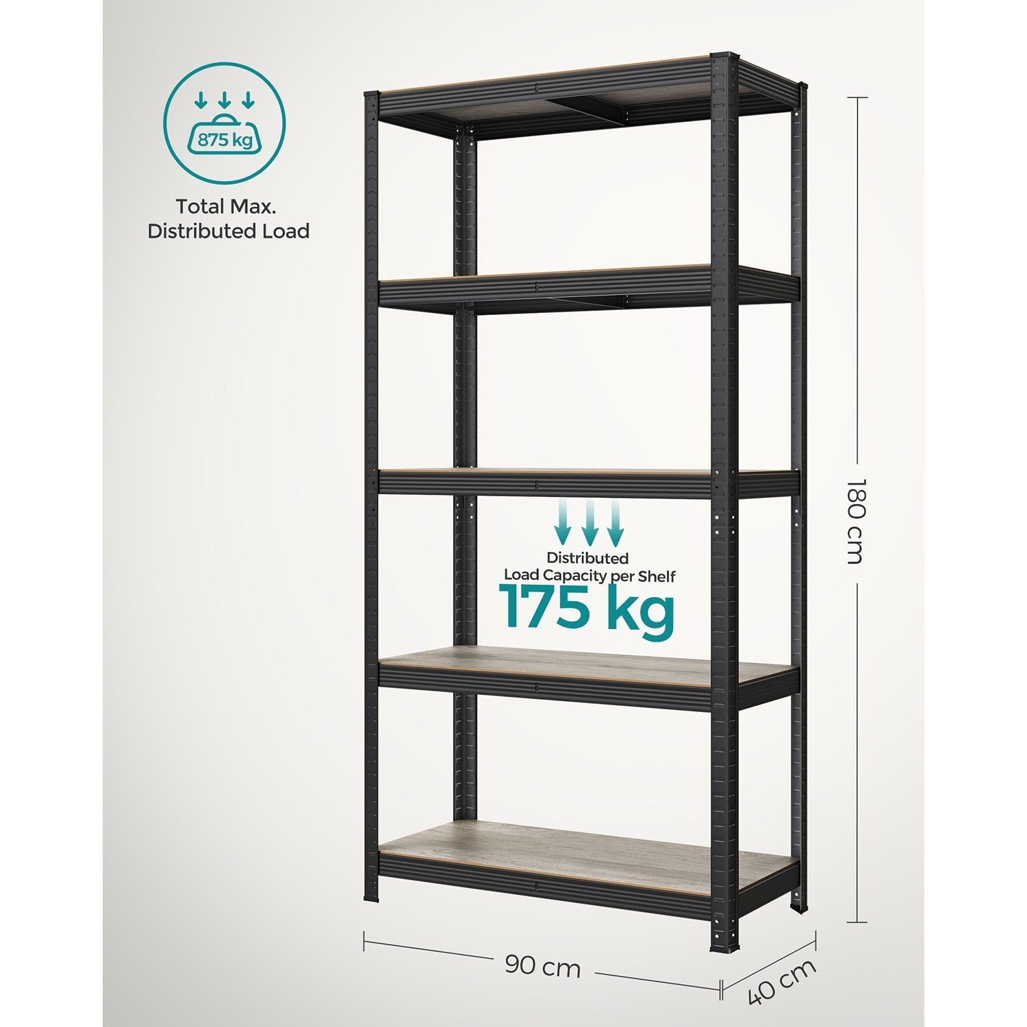 5-Tier Shelving Unit - Max Load 875 kg - Reinforced Steel - Silver - Adjustable Shelves