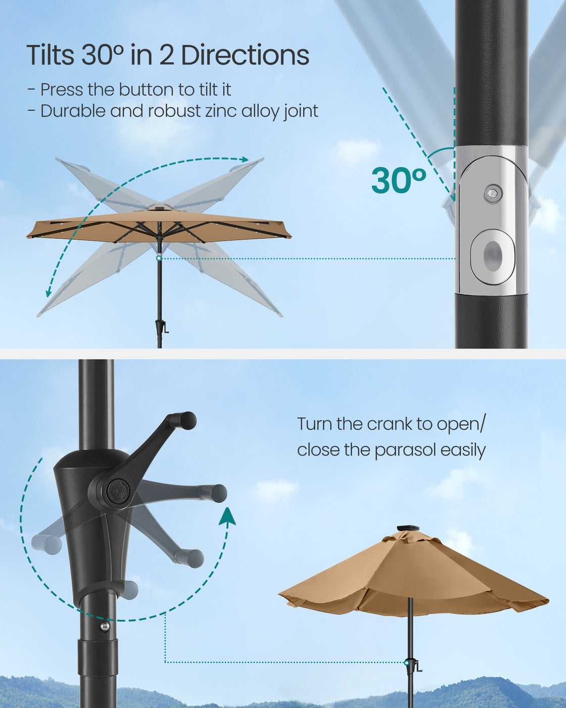 Garden Parasol Umbrella - Steel Frame and Polyester - Taupe