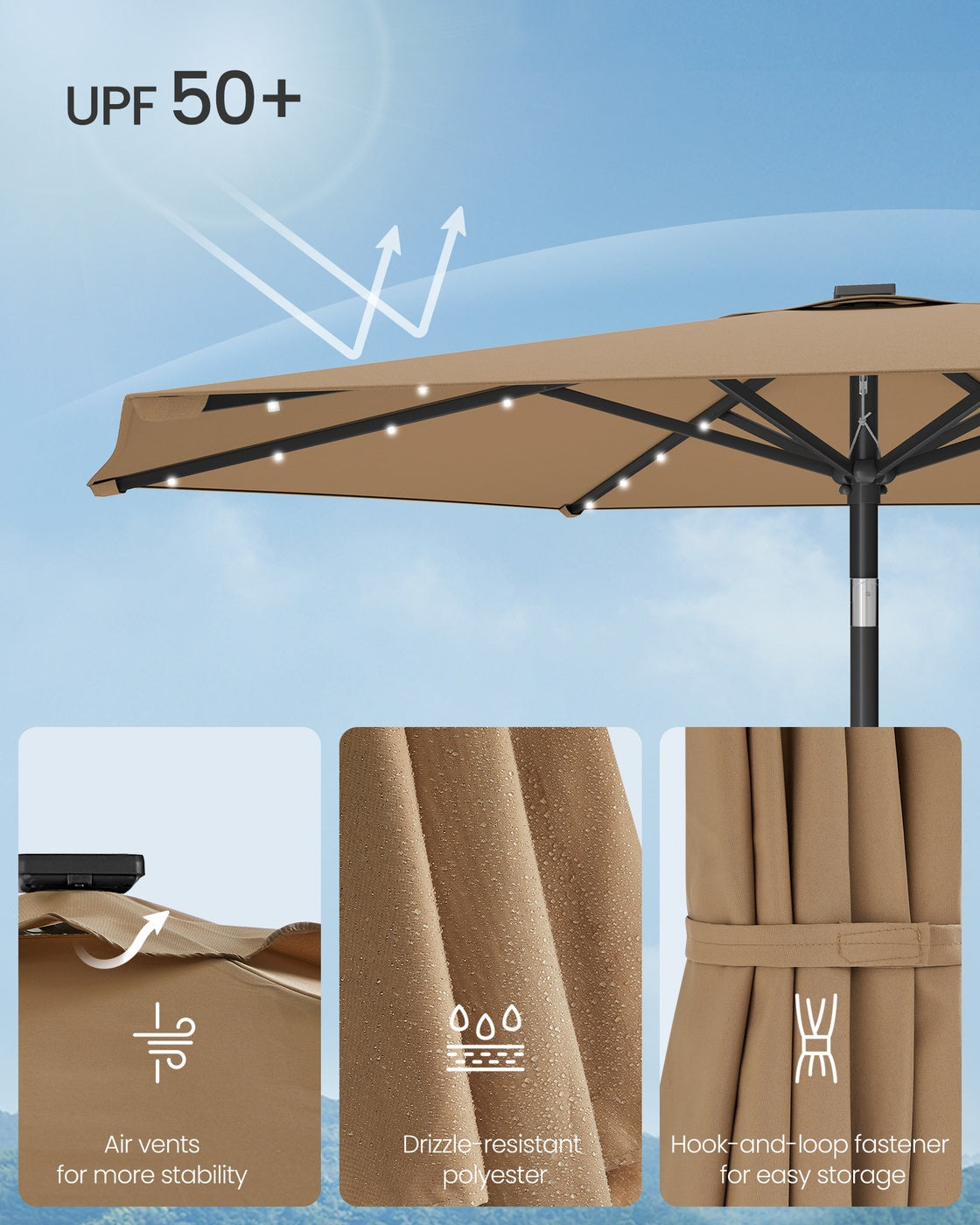 Garden Parasol Umbrella - Steel Frame and Polyester - Taupe