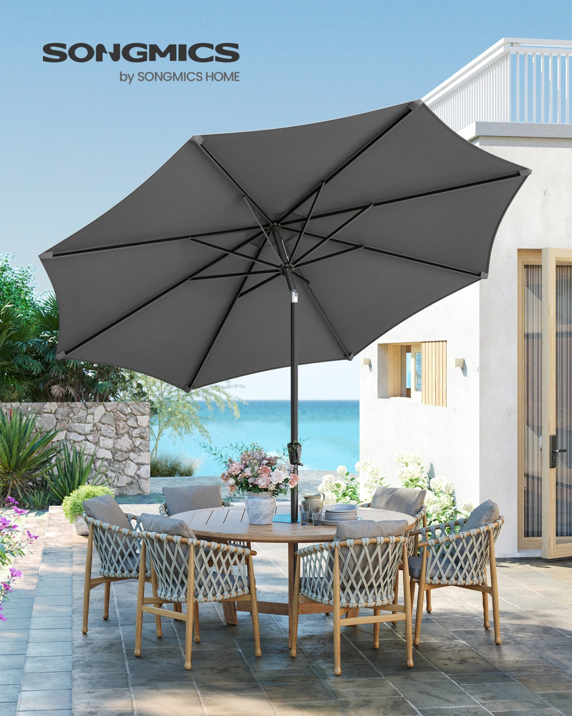 Garden Parasol Umbrella - Metal Pole and Polyester - Grey