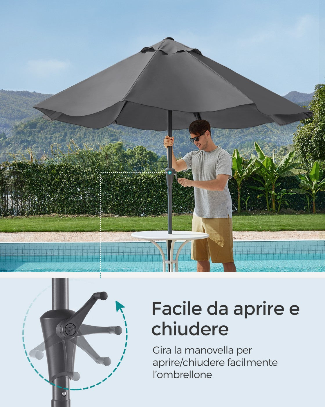 Garden Parasol Umbrella - Metal Pole and Polyester - Grey