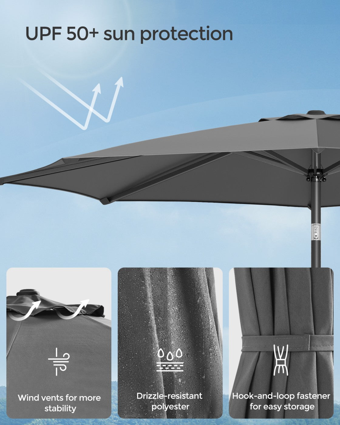 Garden Parasol Umbrella - Metal Pole and Polyester - Grey