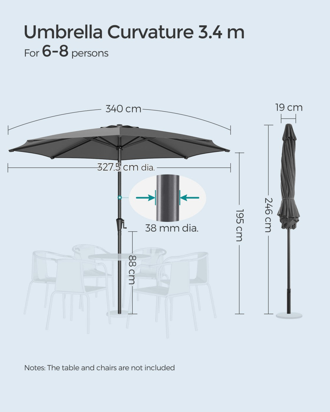 Garden Parasol Umbrella - Metal Pole and Polyester - Grey