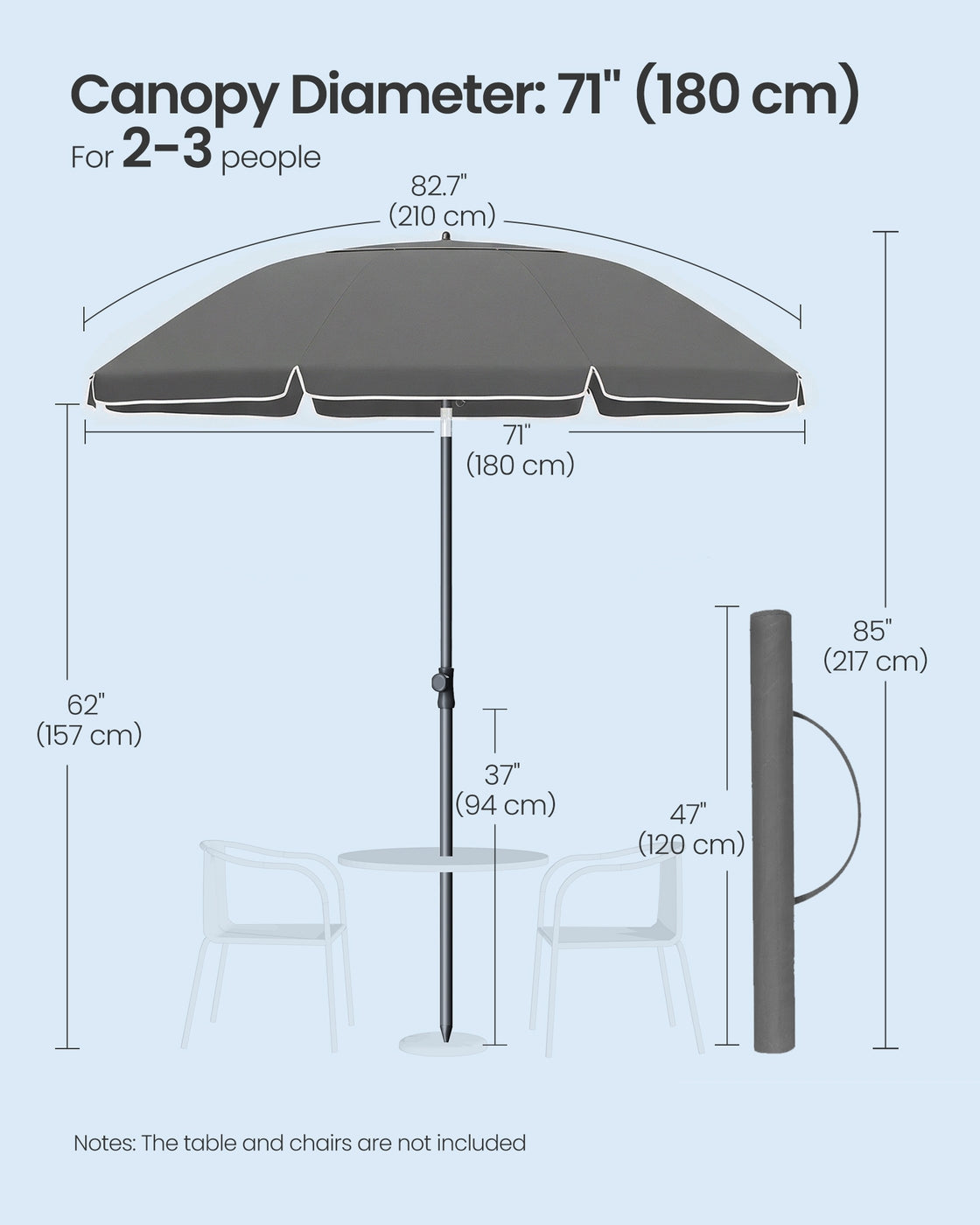 Garden Parasol - Metal Pole and Fibreglass Ribs - Grey