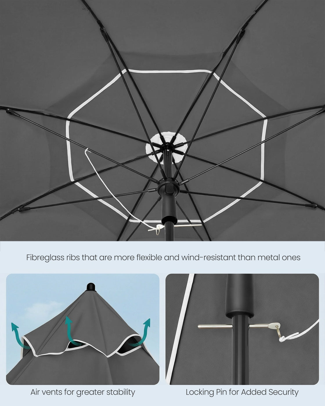 Garden Parasol - Metal Pole and Fibreglass Ribs - Grey