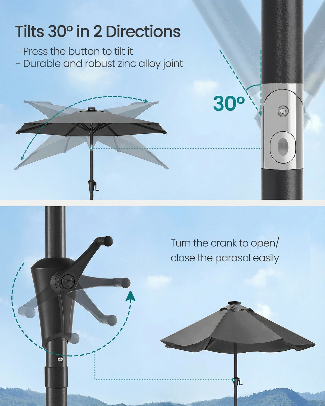 Garden Parasol Umbrella - Steel Frame and Polyester - Grey
