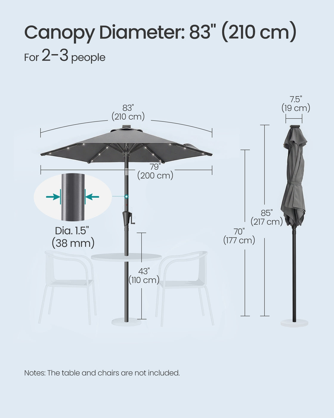 Garden Parasol Umbrella - Steel Frame and Polyester - Grey