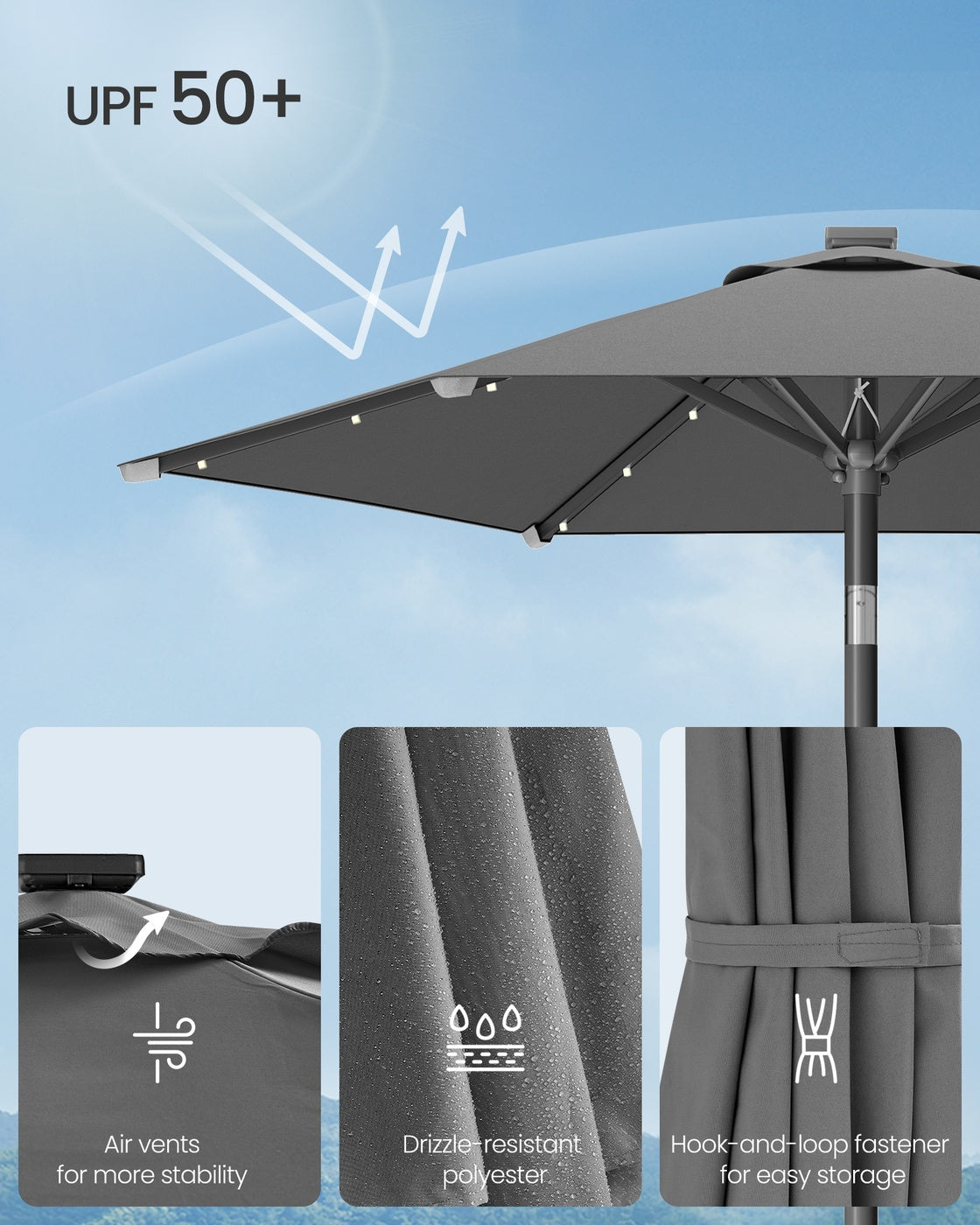 Garden Parasol Umbrella - Steel Frame and Polyester - Grey