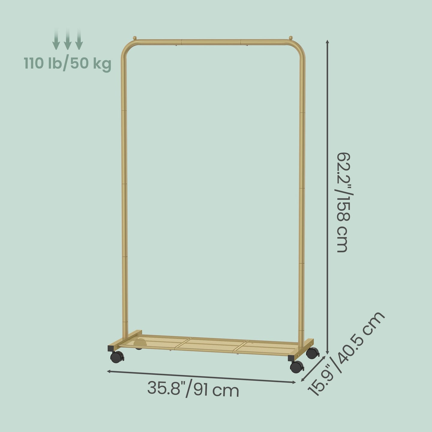 Mobile Clothing Rail - Steel - Golden - with Lockable Wheels