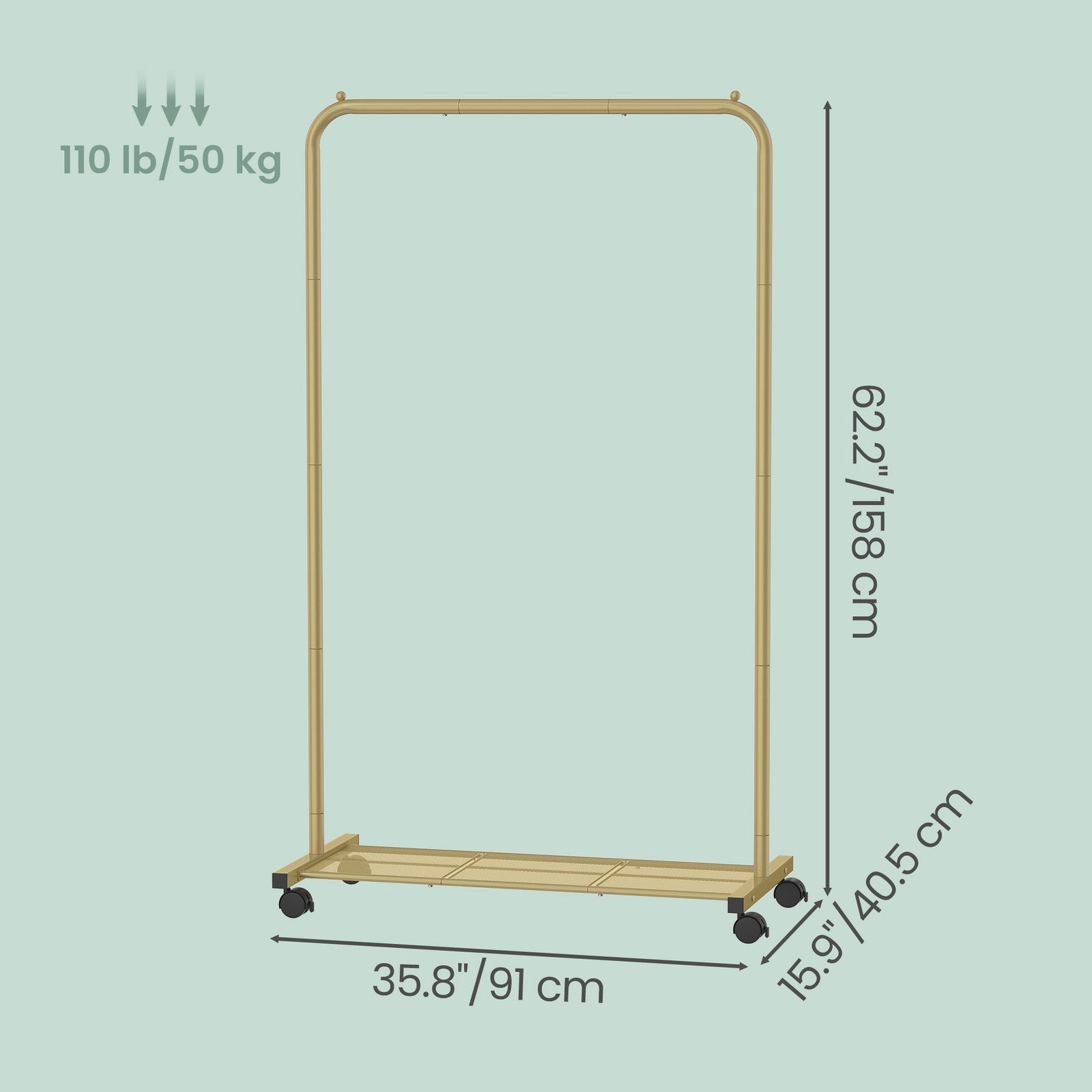 Mobile Clothing Rail - Steel - Golden - with Lockable Wheels