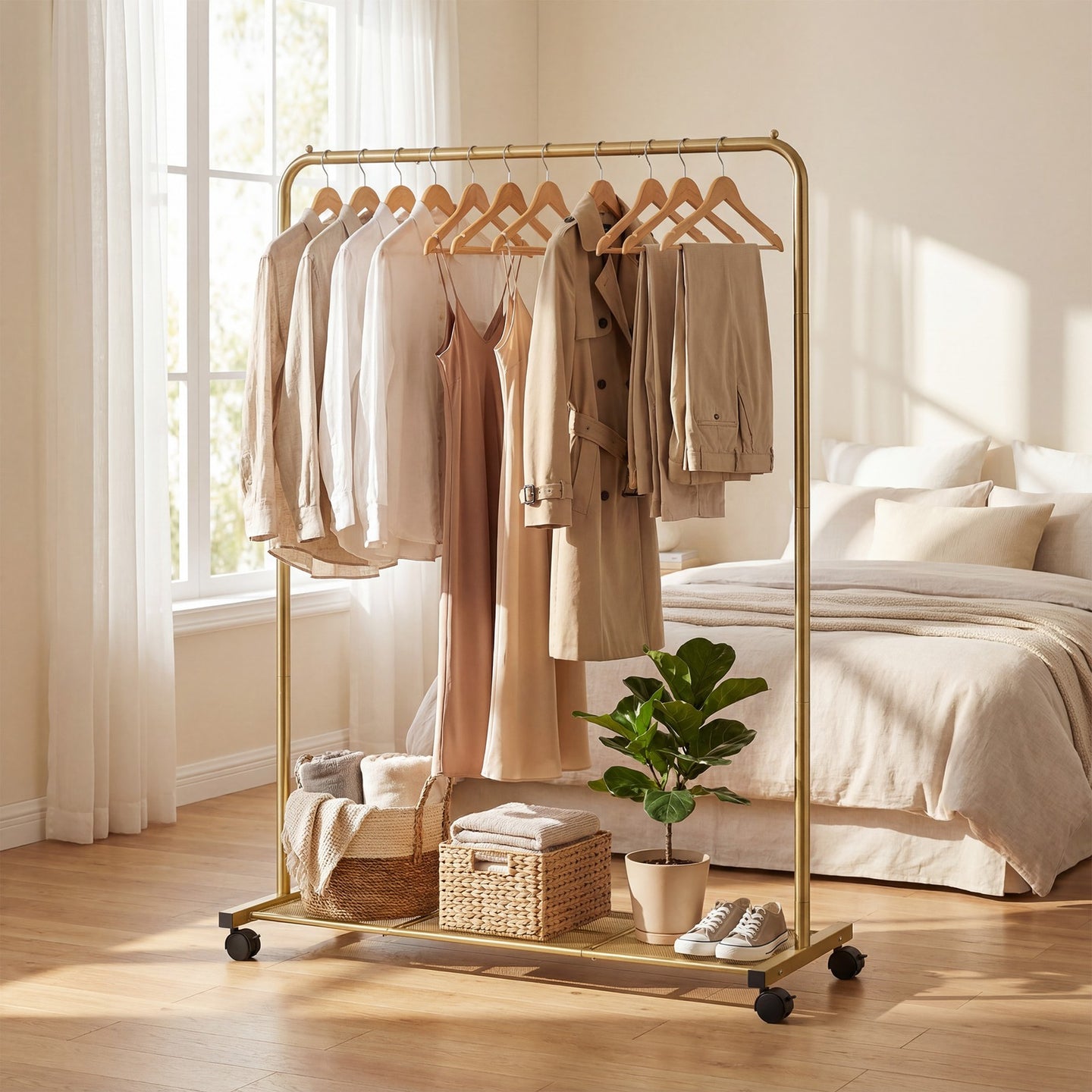 Mobile Clothing Rail - Steel - Golden - with Lockable Wheels