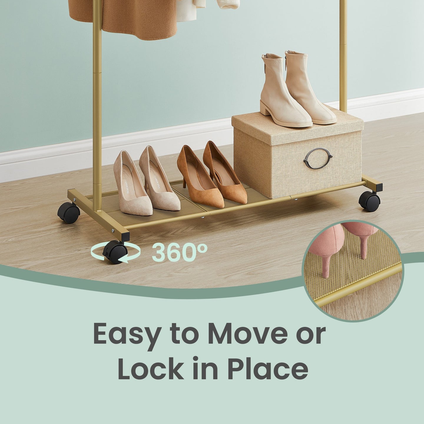 Mobile Clothing Rail - Steel - Golden - with Lockable Wheels