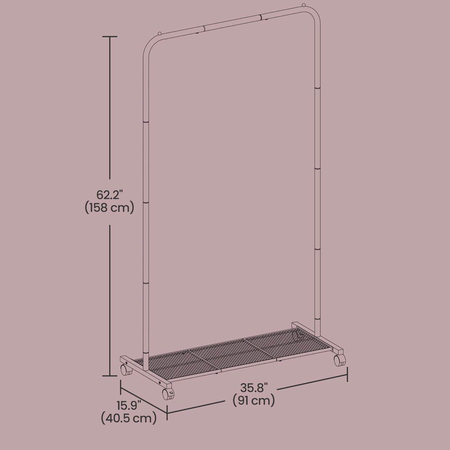 Mobile Clothing Rail - Metal - Black - Lockable Wheels and Storage Shelf