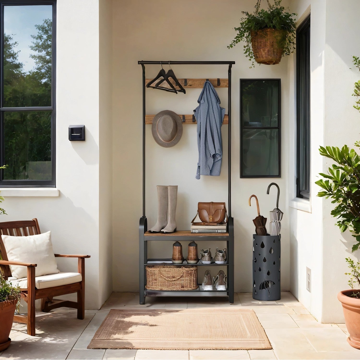Coat Rack - Steel - Hazelnut Brown and Black - 4-in-1 Design with Shoe Storage Bench