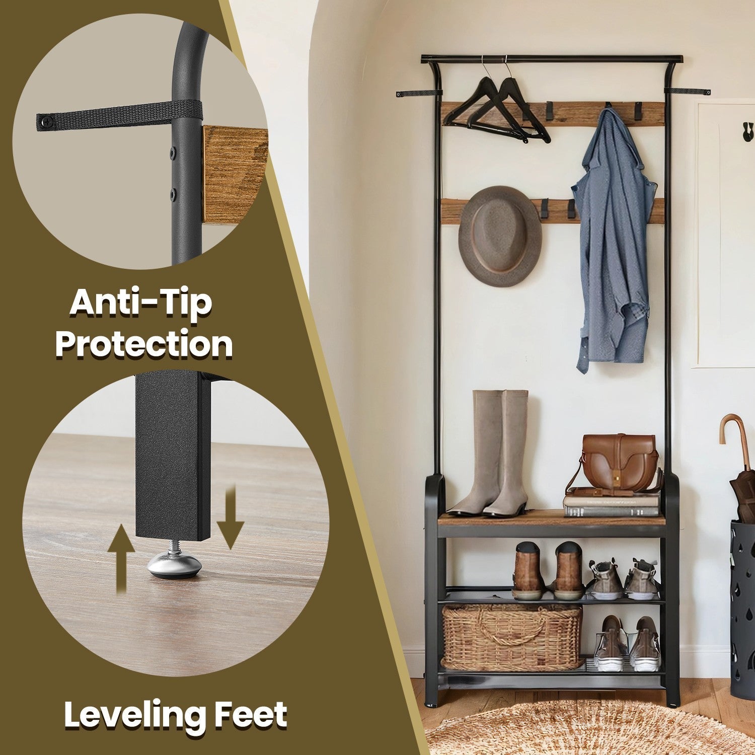 Coat Rack - Steel - Hazelnut Brown and Black - 4-in-1 Design with Shoe Storage Bench