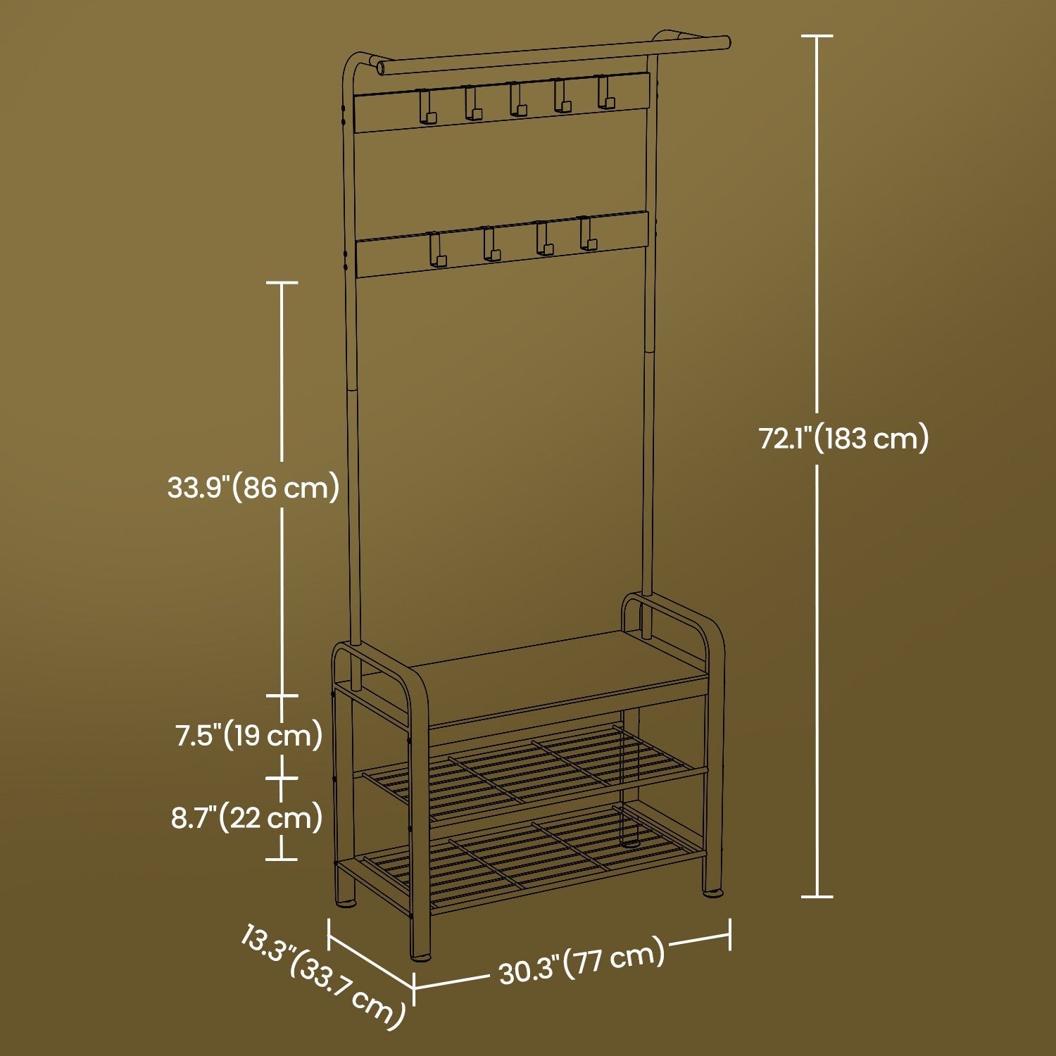 Coat Rack - Steel - Hazelnut Brown and Black - 4-in-1 Design with Shoe Storage Bench